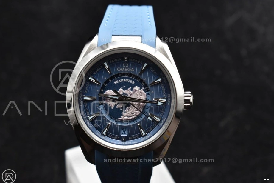 on Dial 43mm A8938 Edition 1:1 Rubber Worldtimer Aqua Terra Blue Best Summer Strap Blue GMT VSF Clone Super 1111